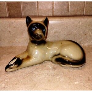 Vintage MCM Porcelain Siamese Cat Figurine Made in Brazil Stunning Blue Eyes